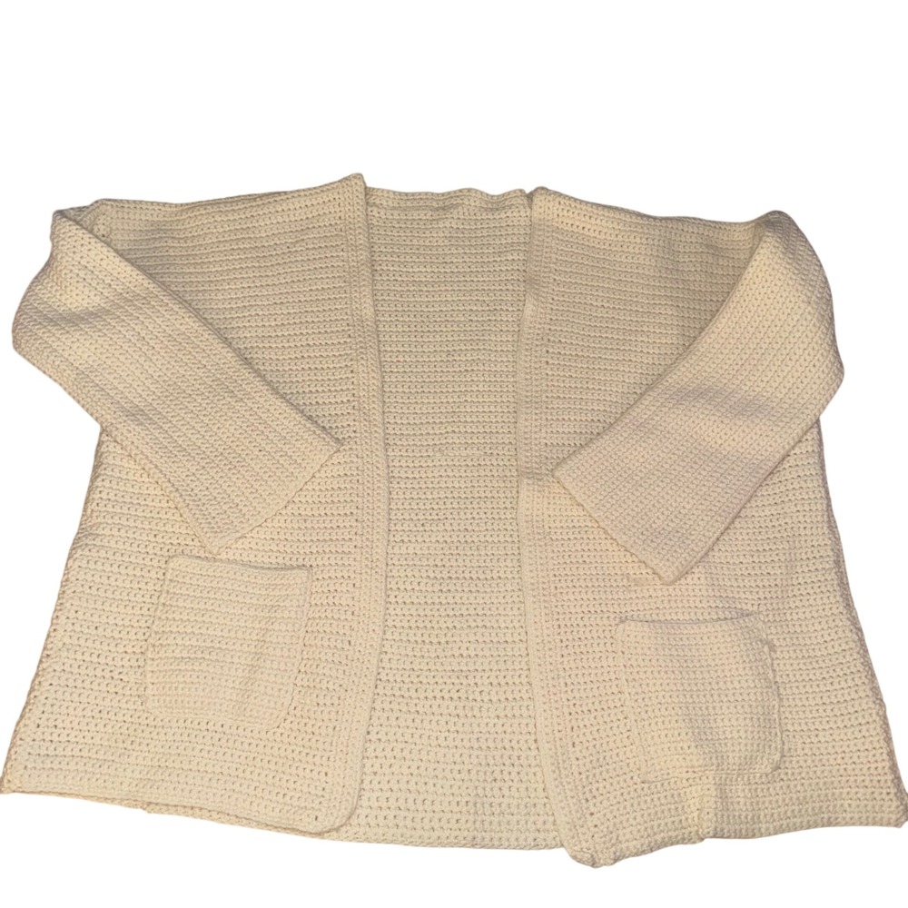 Cream Crochet Open Front Cardigan Sweater Pockets Long Sleeve Womens‎